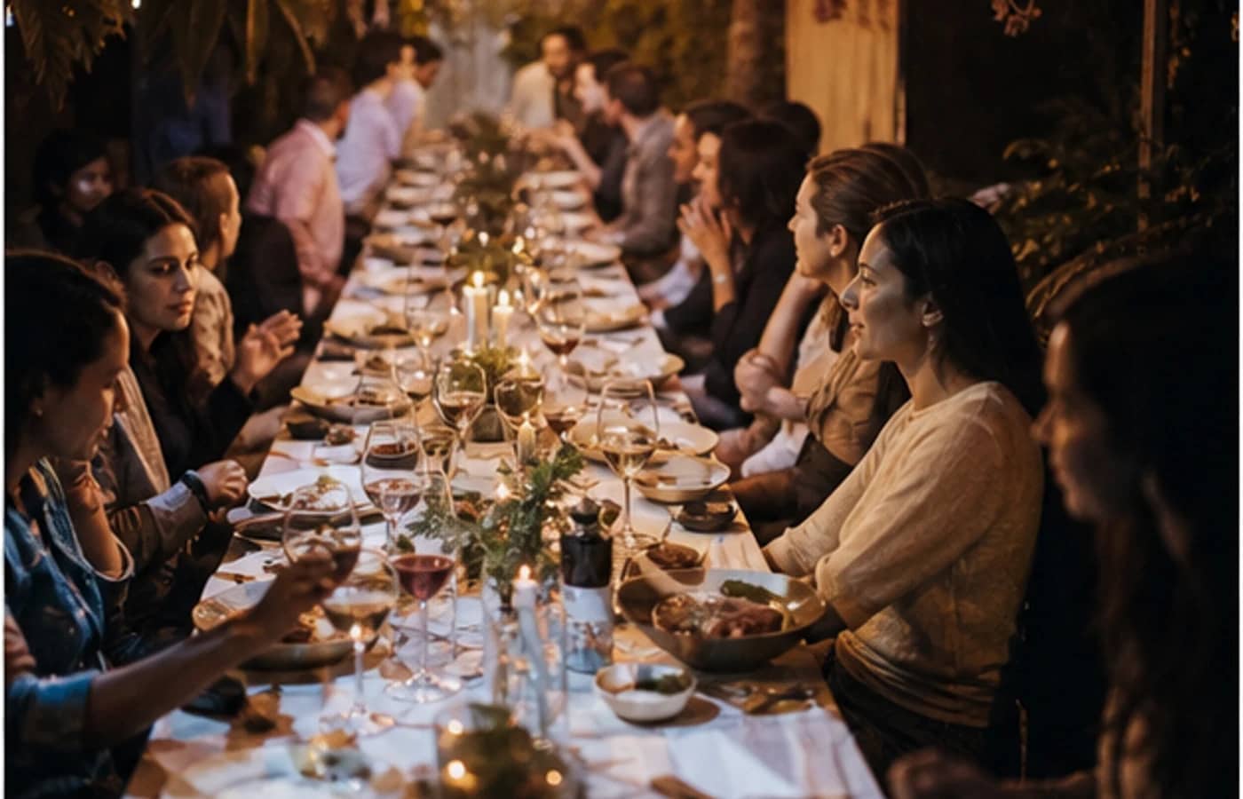 Pessoas reunidas em uma mesa comunitária iluminada.