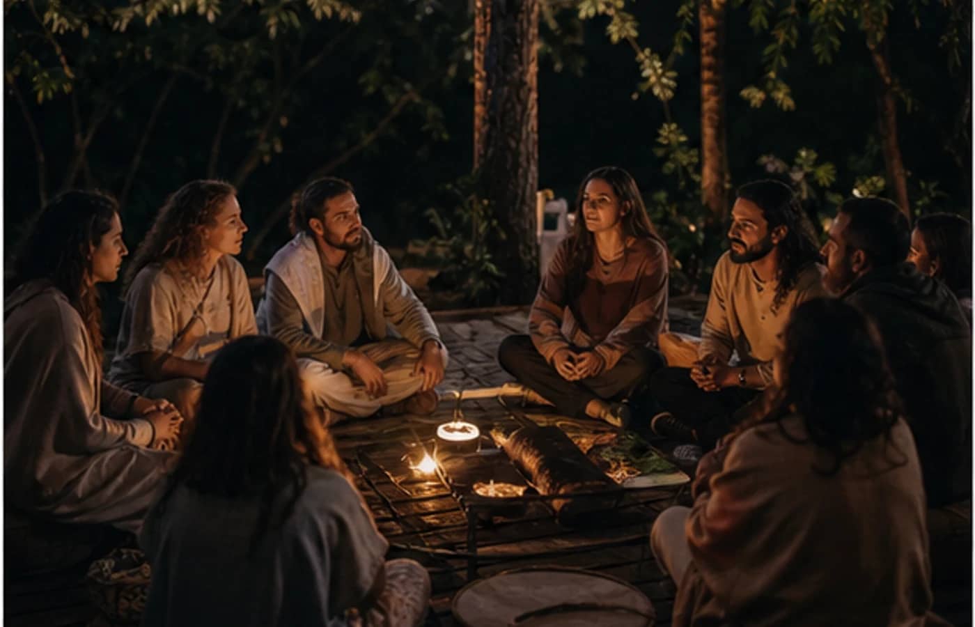 Pequeno grupo reunido ao redor de uma luz quente.