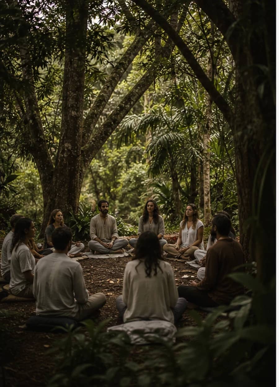 Grupo em prática meditativa sob árvores.