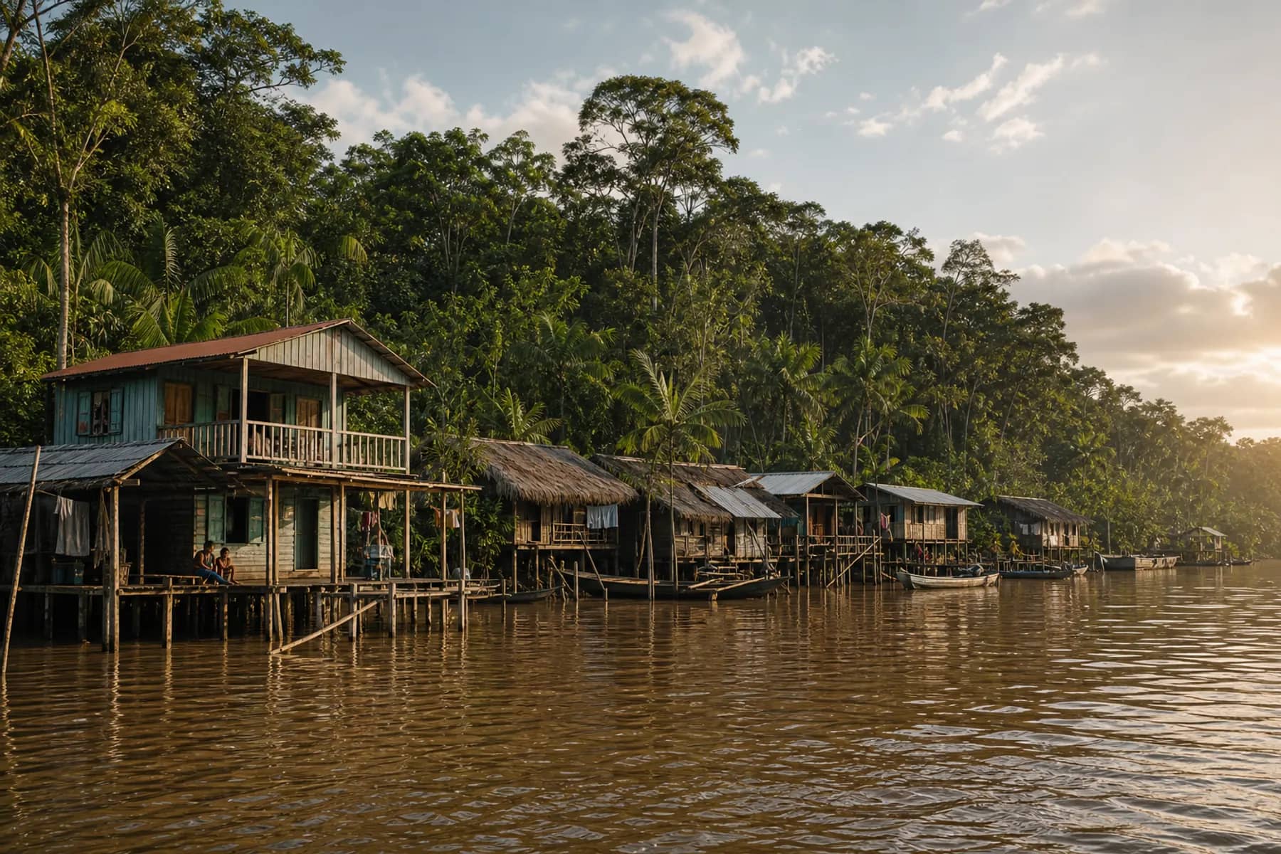 Casas ribeirinhas sobre palafitas na margem de um rio amazônico durante a cheia.