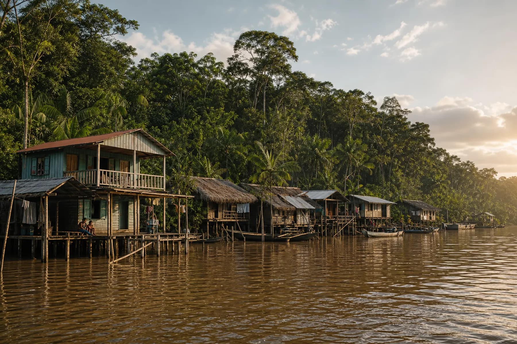 Casas ribeirinhas sobre palafitas na margem de um rio amazônico durante a cheia.